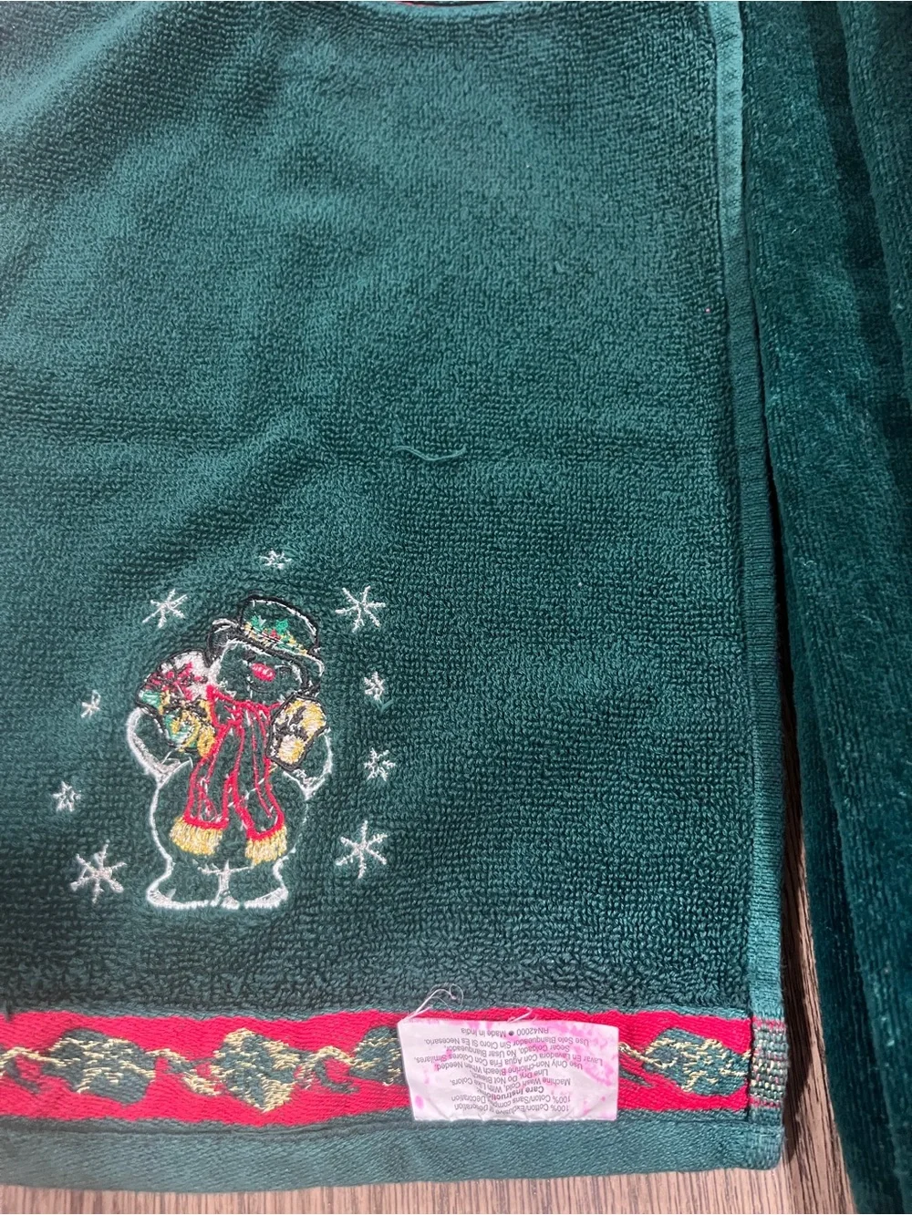 Vintage Jcpenny Dark Green Snowman Embroidered Holiday Bath Towel Set 1980s